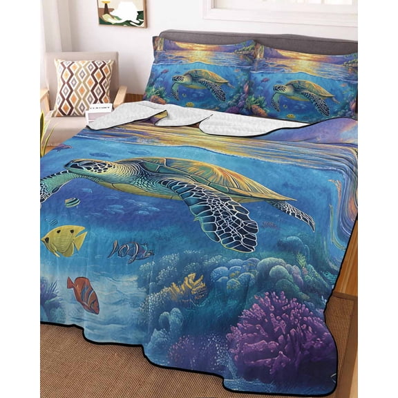Sea Turtles Full Size Down Alternative Comforter, Lightweight Comforter Quilt Bedding Set with Pillow Shams Coastal Coral Tropical Fish Sunset Scenery All Seasons Bed Comforter Duvet Insert 78"x90"