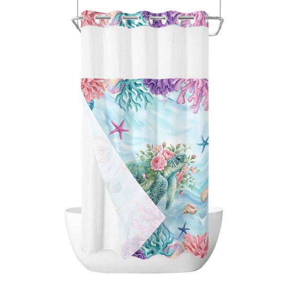 Sea Turtles No Hook Shower Curtain with Snap in Liner Pink Flower Shell Starfish Coral Ocean Watercolor Waterproof Bathroom Shower Curtain with See Through Top Window for Bathtub 36" x 72"