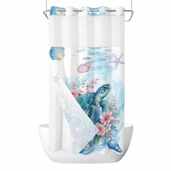 Sea Turtles No Hook Shower Curtain with Snap in Liner Pink Flower Shell Starfish Ocean Life Watercolor Waterproof Bathroom Shower Curtain with See Through Top Window for Bathtub 36" x 72"