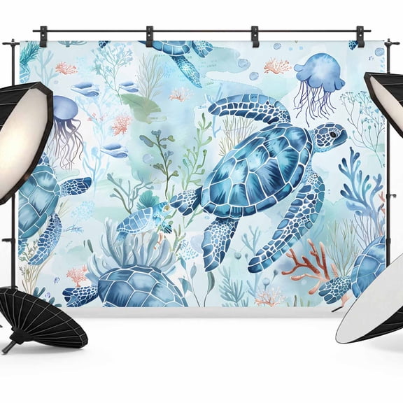 Sea Turtles Jellyfish Backdrop for Photography, Corals Summer Nature Blue Photo Backdrop Portrait Background Party Banner Photo Backgrounds for Studio Booth Props, 7x5ft