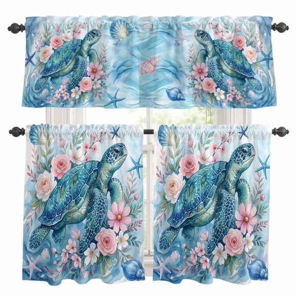 Sea Turtles Kitchen Curtains Valances and Tiers Set of 3 Pink Flower Shell Starfish Ocean Life Watercolor Tier Curtains and Valance with Rod Pocket for Small Windows, 27.5"x24"