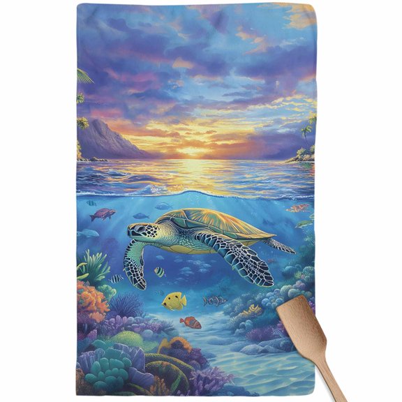 Sea Turtles Kitchen Towel Dish Cloths Set of 1, Microfiber Soft Kitchen Hand Towels, Coastal Coral Tropical Fish Sunset Scenery Absorbent Quick Drying Dishcloths 18 x 28 Inches
