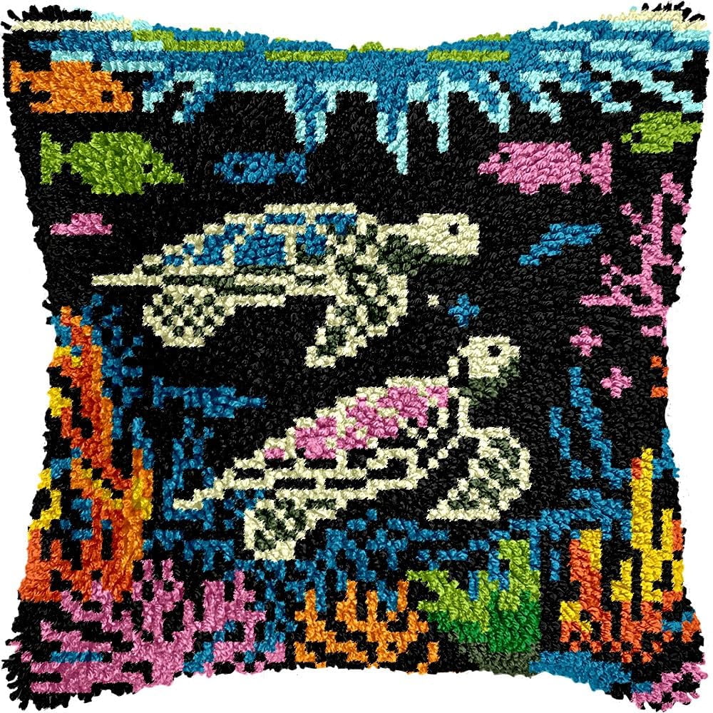 Sea Turtles Latch Hook Pillow Kits Pillow Cover Latch Hook Crafts Crochet Knitted Hooking Pillowcase Cushion Crafts Embroidery Latch Hooking Kits Material Set 17x17 inch(116)