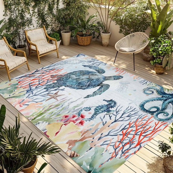Sea Turtles Outdoor Rug for Patio/Deck/Porch, Non-Slip Large Area Rug 3 x 5 Ft, Oceans Octopus Starfish Seahorse Coral Indoor Outdoor Rugs Washable Area Rugs, Reversible Camping Rug Carpet Runner
