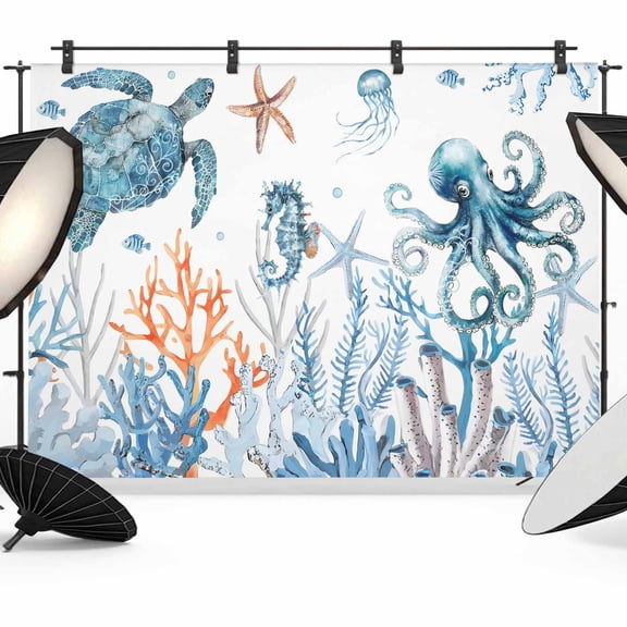 Sea Turtles Photography Backdrop 7x5FT, Ocean Corals Shell Starfish Octopus Marine Life Photo Backdrops, Background for Photography Studio Photo Studio Background, Back Drop for Photoshoot