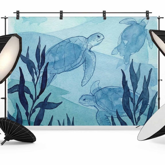 Sea Turtles Photography Backdrop 7x5FT, Watercolor Gradient Blue Green Turtle Fish Seaweed Photo Backdrops, Background for Photography Studio Photo Studio Background, Back Drop for Photoshoot
