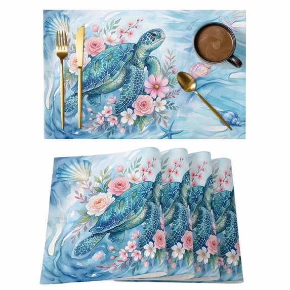 Sea Turtles Placemats Set of 12, Pink Flower Shell Starfish Ocean Life Watercolor Non-Slip Place Mats Washable Table Mats for Kitchen Dining Table Decorations Indoor/Outdoor