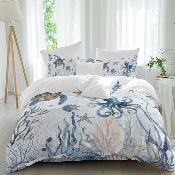 Sea Turtles Queen Size Comforter Set, Marine Life Corals Shell Starfish Octopus Ocean Bedding for All Seasons, 4 Pcs Bed Set, 1Quiltcover (90"x92") ,1Sheet(94"x116"), 2Pillowcases (30"x20")