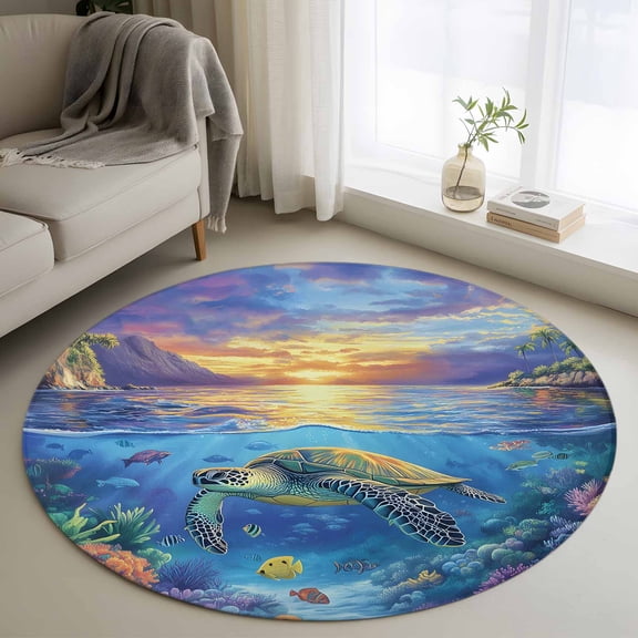 Sea Turtles Round Area Rug 4 FT, Non Slip Indoor Outdoor Rug, Coastal Coral Tropical Fish Sunset Scenery Washable Soft Circular Carpet Non-Shedding Floor Mat for Coffee Table Nursery Foyer Balcony