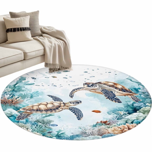Sea Turtles Round Area Rug 3ft Nautical Underwater Brown Teal Ocean Marine Life Non-Slip Washable Circle Rugs Soft Felt Indoor Floor Mat for Bedroom Kitchen Living Room Bathroom