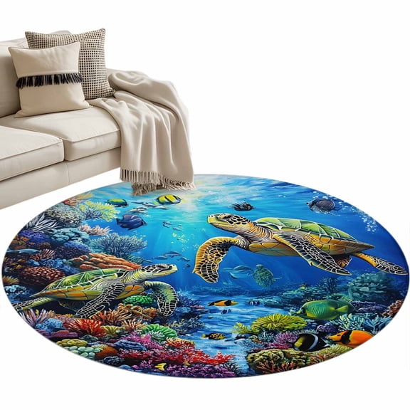 Sea Turtles Round Area Rug 3ft Summer Blue Ocean Non-Slip Washable Circle Rugs Soft Felt Indoor Floor Mat for Bedroom Kitchen Living Room Bathroom