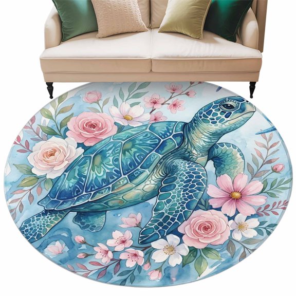 Sea Turtles Round&nbsp;Area Rug&nbsp;5 ft Pink Flower Shell Starfish Ocean Life Watercolor Washable Rugs for Living Room, Non Slip Soft Carpet for Bedroom Entryway Dining Room