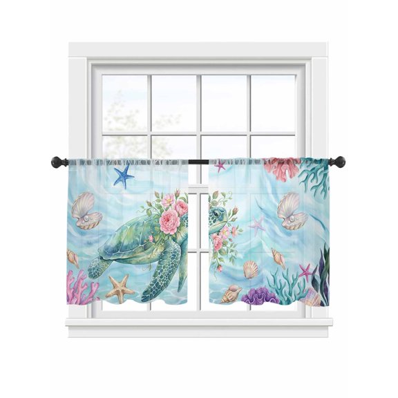 Sea Turtles Sheer Curtains 45 Inch Long 2 Panels, Pink Flower Shell Starfish Coral Ocean Watercolor Light Filtering Rod Pocket Curtains, Sheer Voile Drapes for Living Room Bedroom, 52"x45"