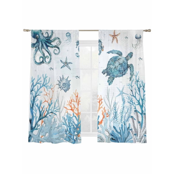 Sea Turtles Sheer Curtains 72 Inch Long 2 Panels, Corals Ocean Shell Starfish Octopus Marine Life Light Filtering Rod Pocket Curtains, Sheer Voile Drapes for Living Room Bedroom, 52"x72"