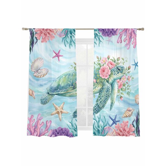 Sea Turtles Sheer Curtains 72 Inch Long 2 Panels, Pink Flower Shell Starfish Coral Ocean Watercolor Light Filtering Rod Pocket Curtains, Sheer Voile Drapes for Living Room Bedroom, 52"x72"