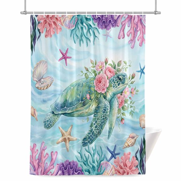 Sea Turtles Shower Curtain, 36" x 72", Pink Flower Shell Starfish Coral Ocean Watercolor Waterproof Bathroom Curtain Washable Shower Curtain Set with 12 Hooks