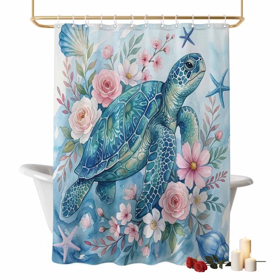 Sea Turtles Shower Curtains for Bathroom, Pink Flower Shell Starfish Ocean Life Watercolor Washable Fabric Shower Curtain with Hooks Waterproof Bathroom Decor Sets, 36 x 72 Inches