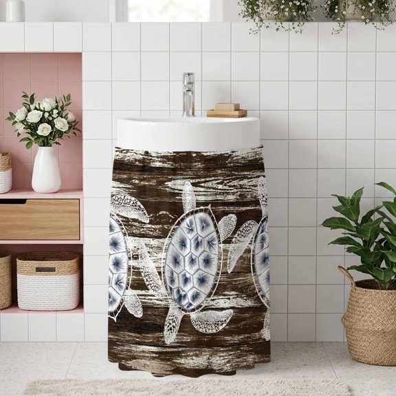 Sea Turtles Small Sink Skirt, Bathroom Vanity Cabinet Adhesive Curtain, Coastal Ocean Brown Distressed Wooden Utility Under Sink Cover Decorative Kitchen Cabinet Curtains 10"x11"