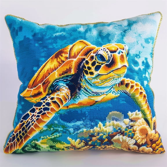 Sea Turtles Stamped Cross Stitch Pillow Case Kits , 45X45cm , Needlepoint Craft Set Handmade Craft for Sofa Home Decor (11 Count)
