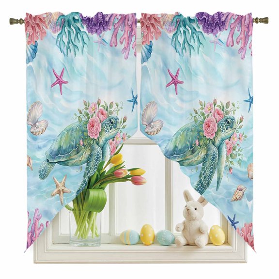Sea Turtles Swag Kitchen Curtain Valances, Pink Flower Shell Starfish Coral Ocean Watercolor Rod Pocket Curtains Window Treatment Decor Valances for Bedroom Bathroom, 2 Panels 28 x 36 Inch