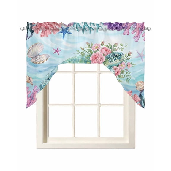 Sea Turtles Swag Valance for Window, Pink Flower Shell Starfish Coral Ocean Watercolor Light Filtering Swag Curtain Rod Pocket Kitchen Curtain Valance for Bedroom