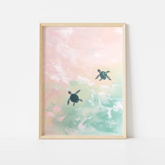 Sea Turtles Swimming Poster Tropical Animal Coastal Beach House Decoration, Unframed Poster