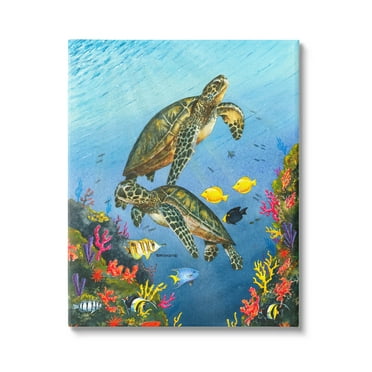 Sea Turtles Swimming Underwater Reef Animals & Insects Graphic Art Gallery Wrapped Canvas Print Wall Art