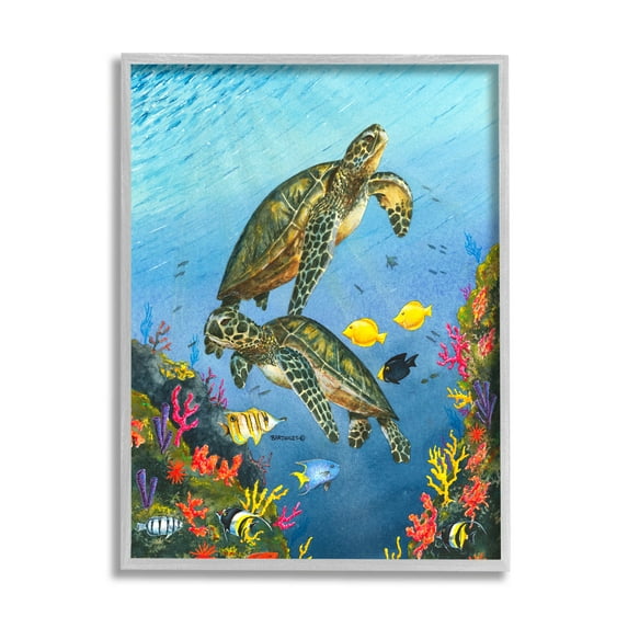 Sea Turtles Swimming Underwater Reef Animals & Insects Graphic Art Gray Framed Art Print Wall Art