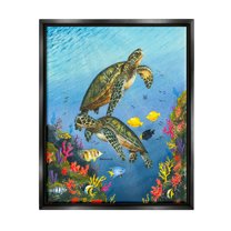 Sea Turtles Swimming Underwater Reef Animals & Insects Graphic Art Jet Black Framed Art Print Wall Art