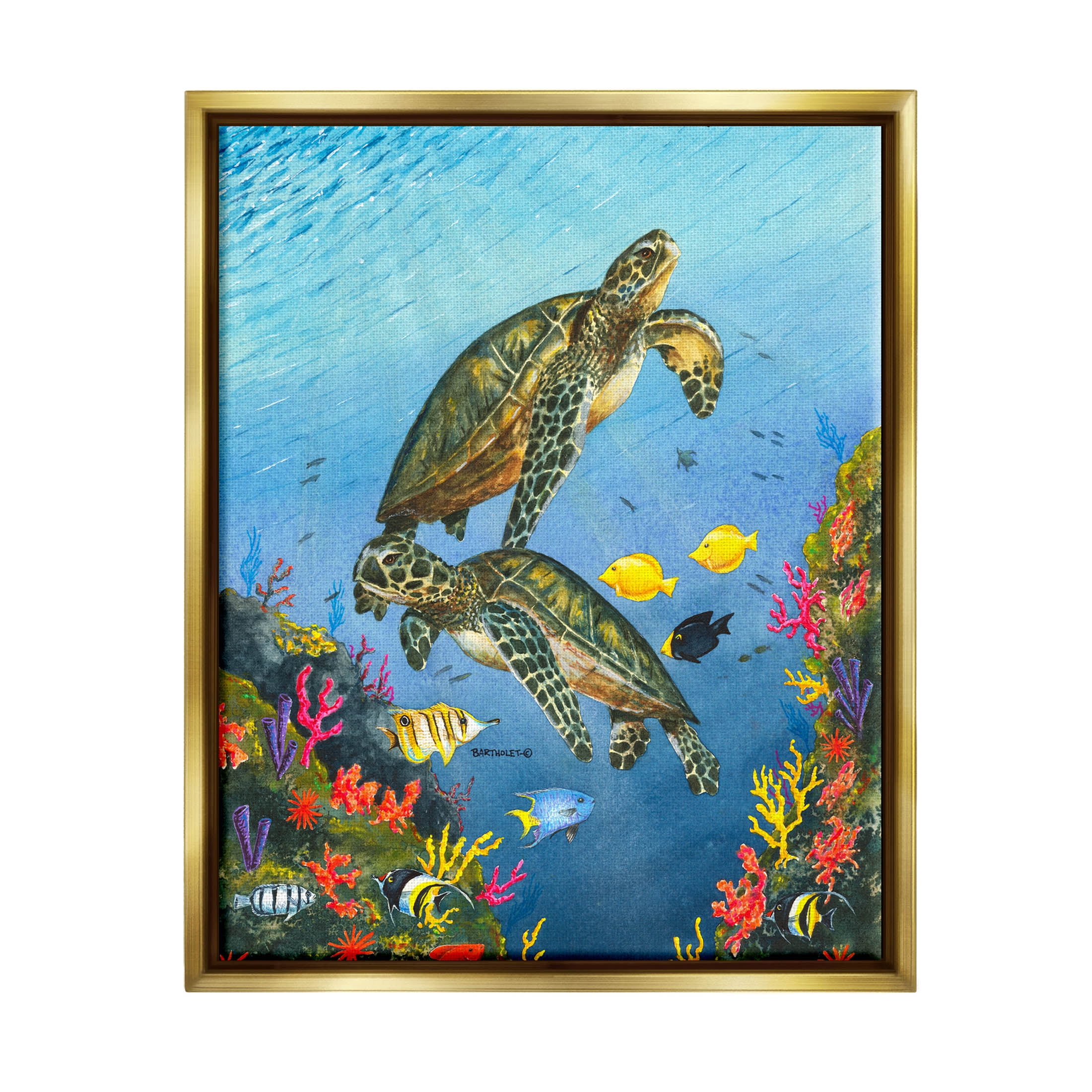Sea Turtles Swimming Underwater Reef Animals & Insects Graphic Art Metallic Gold Framed Art Print Wall Art