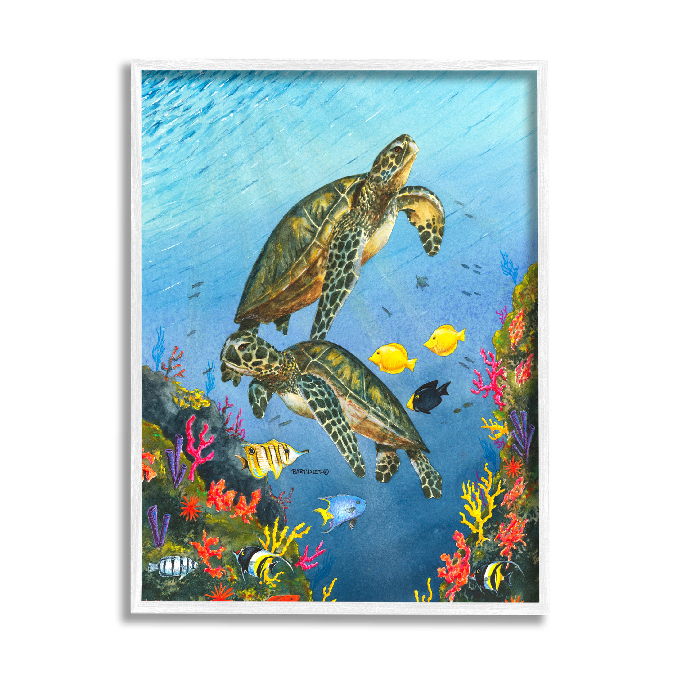 Sea Turtles Swimming Underwater Reef Animals & Insects Graphic Art White Framed Art Print Wall Art