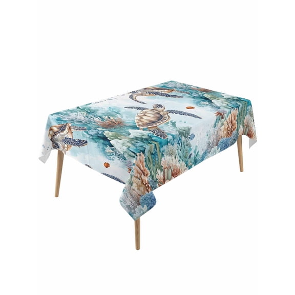 Sea Turtles Table Cloth 54x108 Inch Rectangle, Nautical Underwater Brown Teal Ocean Marine Life Waterproof Tablecloth Washable Table Cover for Party Picnic Dinner Decor