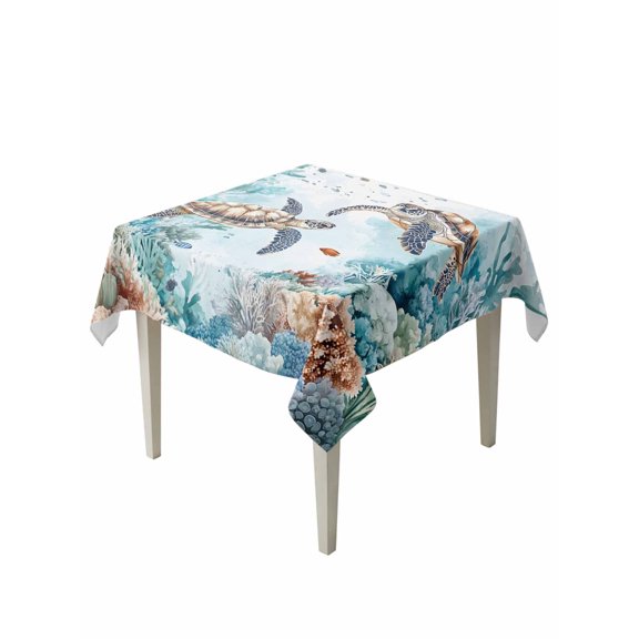 Sea Turtles Table Cloth 54x54 Inch Square, Nautical Underwater Brown Teal Ocean Marine Life Waterproof Tablecloth Washable Table Cover for Party Picnic Dinner Decor