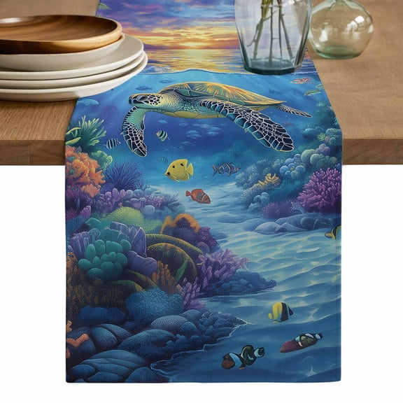 Sea Turtles Table Runner, Coastal Coral Tropical Fish Sunset Scenery Washable Cotton Linen Table Runners 36 Inches Long, Dresser Scarf Runner for Nightstand/End Tables/Round Tables 13''x36''