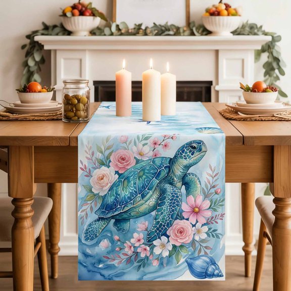 Sea Turtles Table Runner, Pink Flower Shell Starfish Ocean Life Watercolor Cotton Linen Kitchen Table Decoration Washable Dining Tabletop Runners for Home Party Decor 13x36 Inches