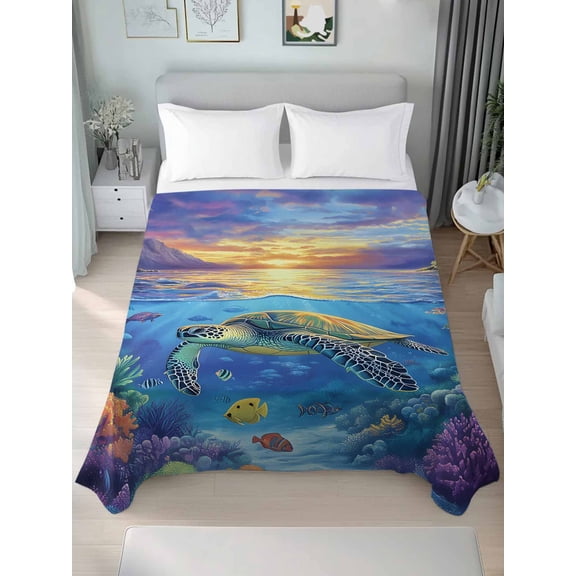 Sea Turtles Twim Size Flat Sheet, Wrinkleproof & Fadeproof Cooling Flat Bed Sheet Only, Coastal Coral Tropical Fish Sunset Scenery Breathable Soft Bedding Top Sheets 66 x 96 Inches