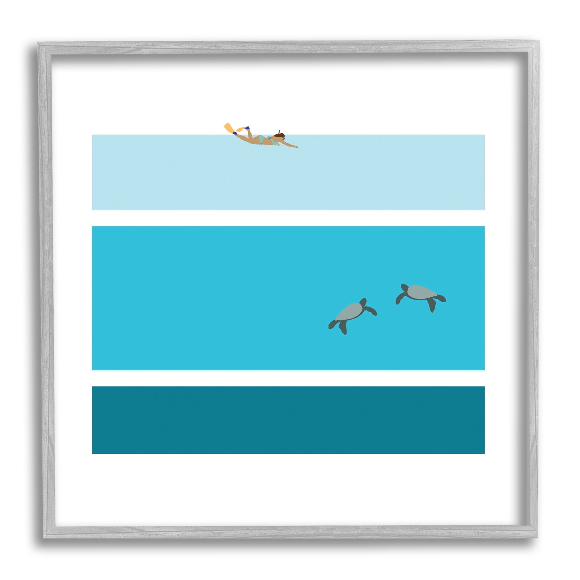 Sea Turtles Under Scuba Diver Geometric Blue Stripes Animals & Insects Framed Art Print Wall Art, 17x17