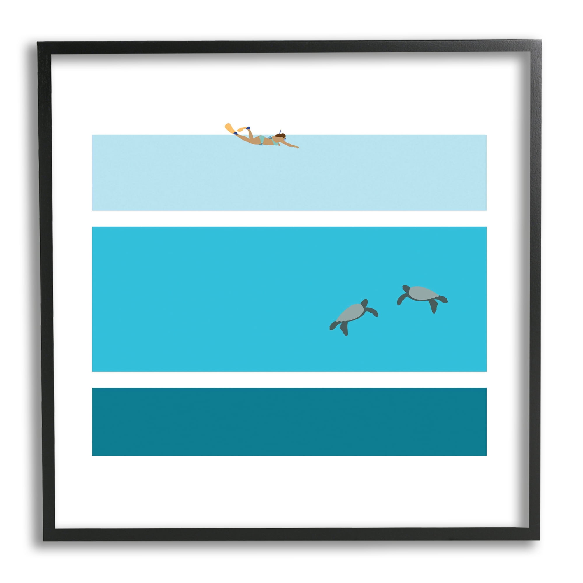 Sea Turtles Under Scuba Diver Geometric Blue Stripes Animals & Insects Framed Art Print Wall Art, 17x17