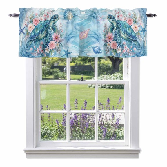 Sea Turtles Valance Curtain Pink Flower Shell Starfish Ocean Life Watercolor Window Valances Rod Pocket Short Curtains Window Treatments for Kitchen Bedroom Bathroom Laundry 42" x 12"
