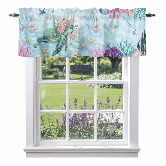 Sea Turtles Valances for Windows Pink Flower Shell Starfish Coral Ocean Watercolor Rod Pocket Cafe Window Treatments Valance Curtains for Kitchen Bathroom Laundry Basement Windows 42"x12"
