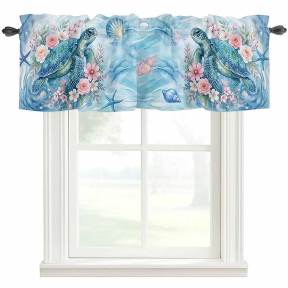 Sea Turtles Valances for Windows Pink Flower Shell Starfish Ocean Life Watercolor Rod Pocket Curtain Valance Window Treatment Short Curtains for Kitchen Living Room, 42"x12"