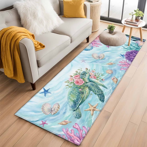 Sea Turtles Washable Runner Rugs 2'x6', Pink Flower Shell Starfish Coral Ocean Watercolor Low Pile Throw Entryway Rug Non-Slip Sturdy Edge Binding Carpet for Indoor Bedside Entrance Bedside