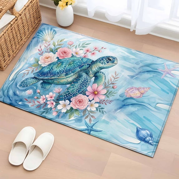 Sea Turtles Washable Small Entryway Area Rugs 2'x3', Pink Flower Shell Starfish Ocean Life Watercolor Low Pile Throw Rug Non-Slip Sturdy Edge Binding Carpet for Front Door Floor Room Entry