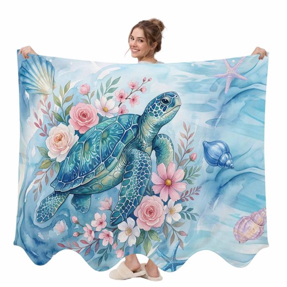 Sea Turtles Wearable Blanket, Pink Flower Shell Starfish Ocean Life Watercolor Plush Thick Cozy Flannel Oversized Adult Throw Body Wearable Blankets with Pocket Gifts for Women Men 58x64in