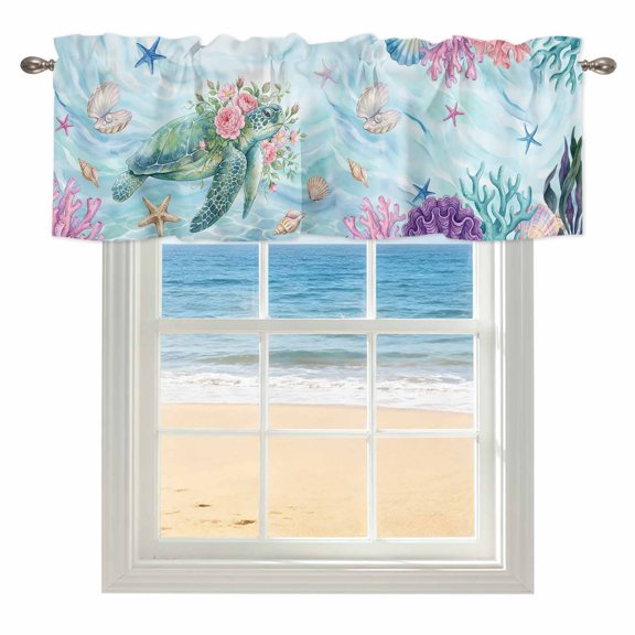 Sea Turtles Window Valance for Kitchen, Pink Flower Shell Starfish Coral Ocean Watercolor Rod Pocket Short Curtain for Small Windows, Light Filtering Decorative Valance, 60 x 18 Inch