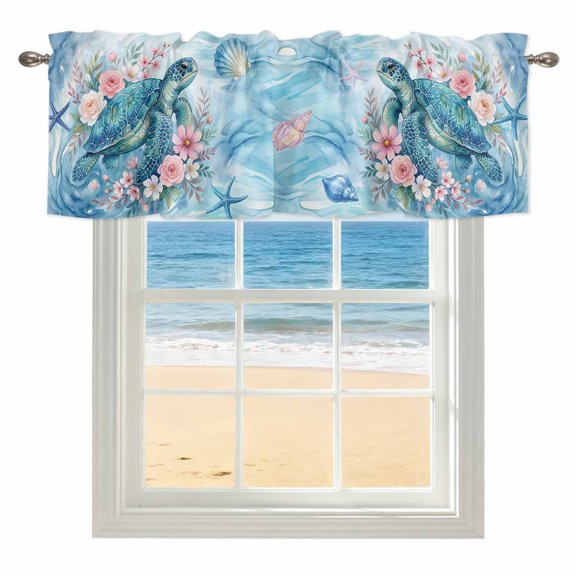 Sea Turtles Window Valance for Kitchen, Pink Flower Shell Starfish Ocean Life Watercolor Rod Pocket Short Curtain for Small Windows, Light Filtering Decorative Valance, 42 x 18 Inch, 1 Panel