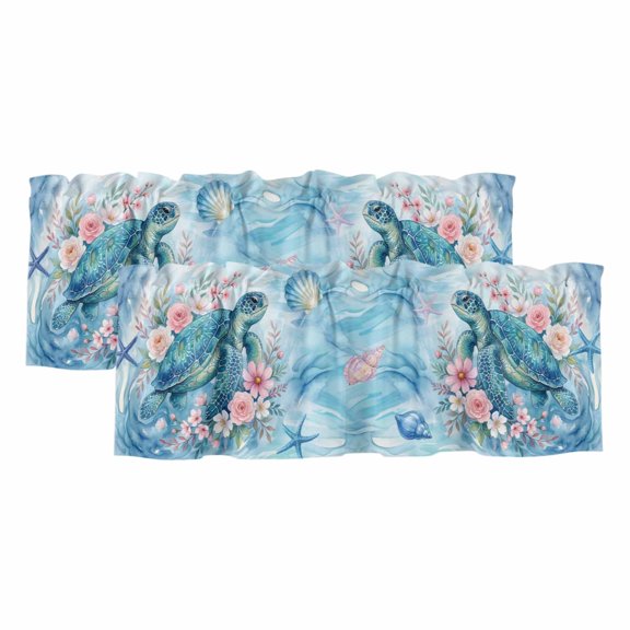 Sea Turtles Window Valance, Pink Flower Shell Starfish Ocean Life Watercolor 2 Pack Decorative Curtain for Small Windows, Light Filtering Valance with 3” Rod Pocket, 42"W x 18"L
