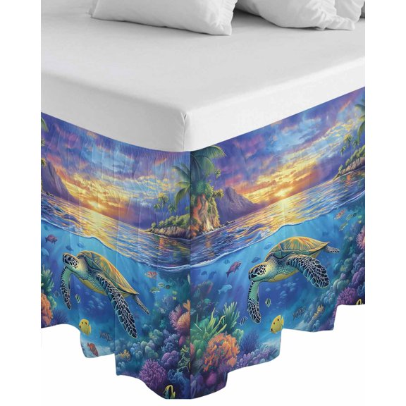 Sea Turtles Wrap Around Bed Skirts for California King Bed 16" Drop,Bed Skirt with Adjustable Elastic Belt Dust Ruffle Bed Valance Coastal Coral Tropical Fish Sunset Scenery Bed Frame Cover