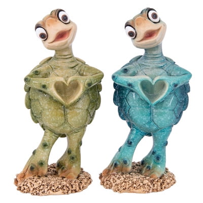 Sea Turtles with Heart Shaped Hands in Blue and Green Colors - Set of Two, Table Top Decor, Tropical Coastal Decor