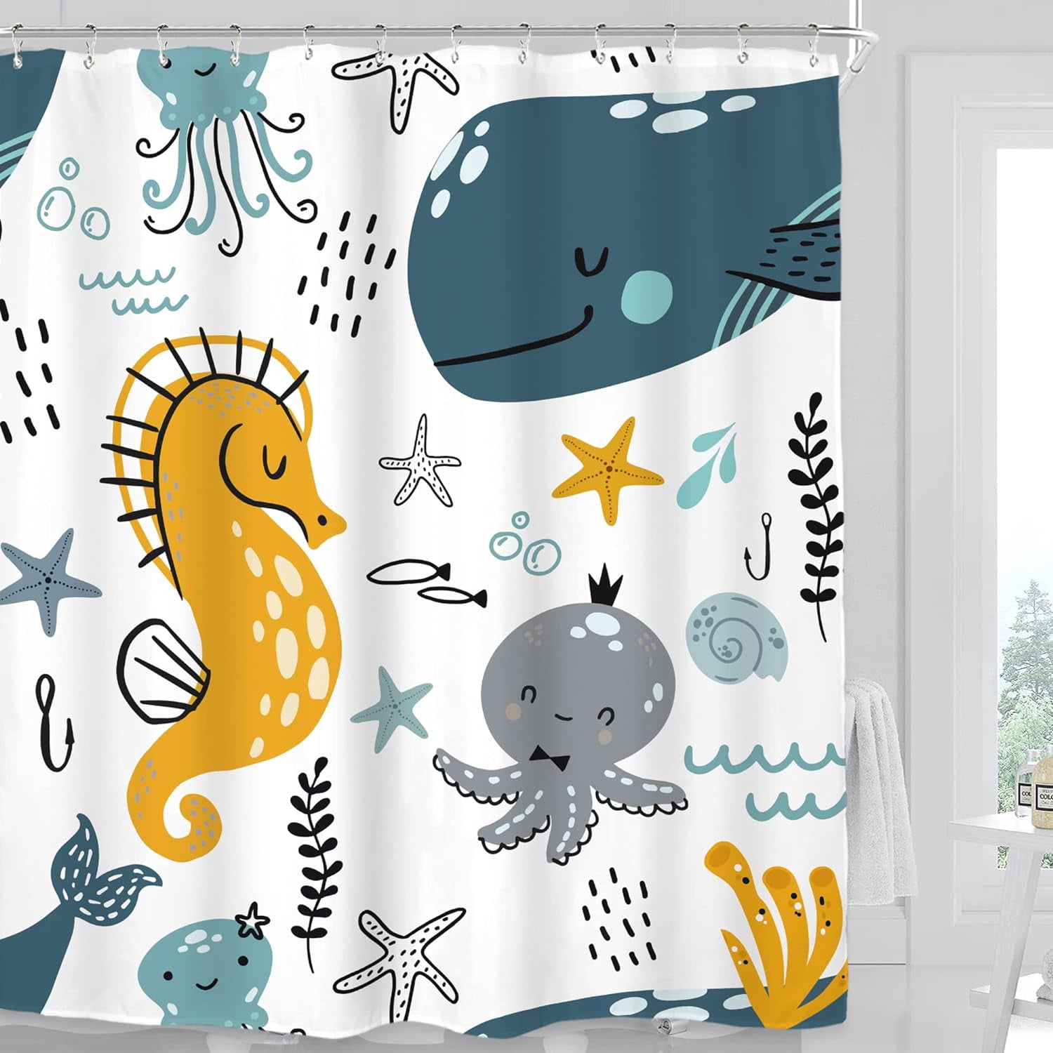 Sea Undersea Shower Curtain Set 60Wx72H Inches Seahorse Whale Animals